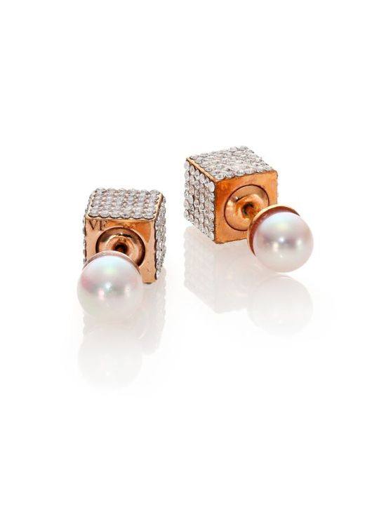 Double Cubo 6MM White Pearl &amp; Crystal Two-Sided Earrings展示图