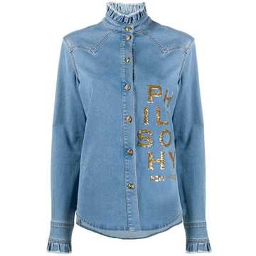 sequin-logo ruffled denim shirt