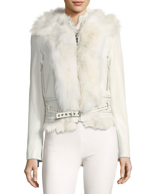 Mazarine Belted Leather Jacket with Fox Fur Trim展示图