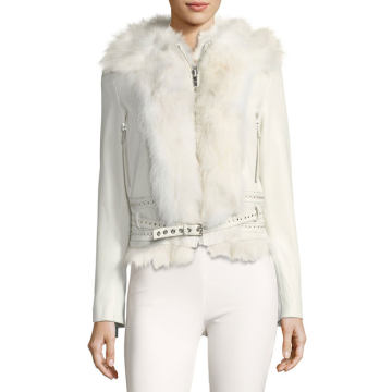 Mazarine Belted Leather Jacket with Fox Fur Trim