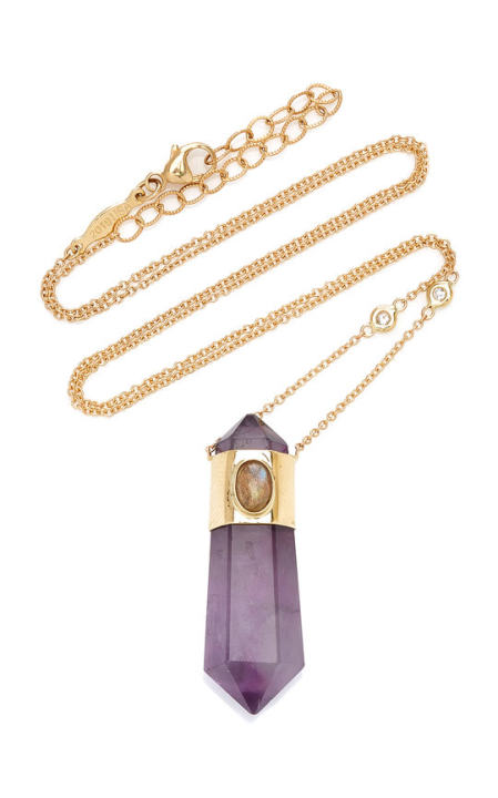 14K Yellow Gold Labradorite and Amethyst Double Point Crystal Necklace展示图