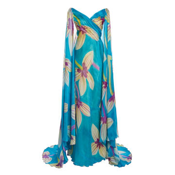 Floral Painted Crepe Cape Gown