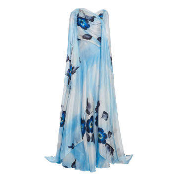 Draped Floral Painted Crepe Cape Gown