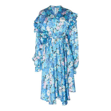 Asymmetric Floral Silk Satin Midi Dress