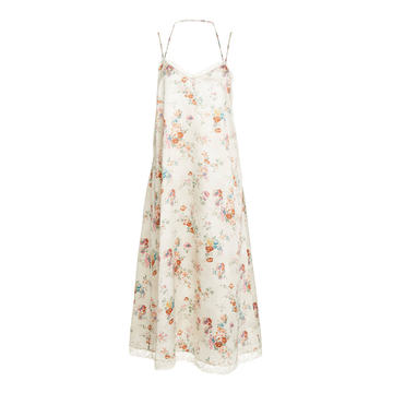 Lace-Trimmed Floral Crepe Midi Slip Dress