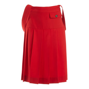 Removable Strap-Detailed Pleated Wool Twill Midi Skirt