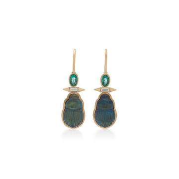 Emerald, Diamond, And Labradorite Scarab Earrings