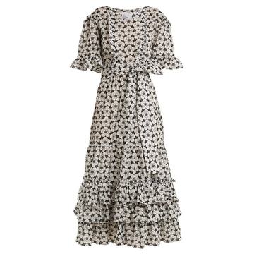 Ruffle-trimmed floral-embroidered cotton dress