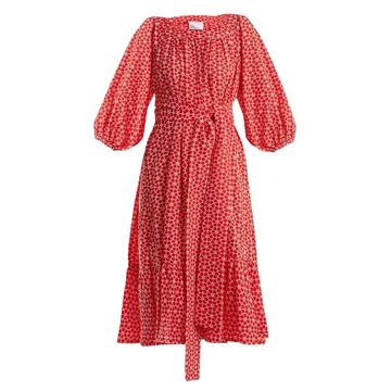 Floral-embroidered balloon-sleeve cotton dress