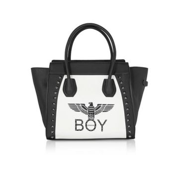 Black & White Synthetic Leather Shopping Bag
