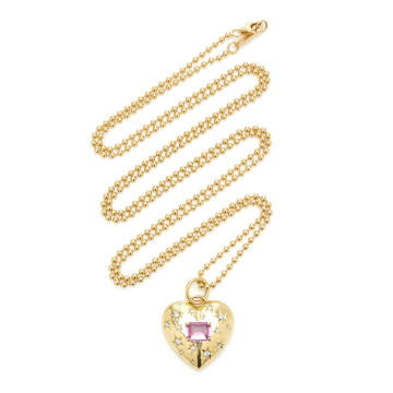 18K Yellow Gold Anniversary Small Puffed Pink Sapphire Heart Pendant