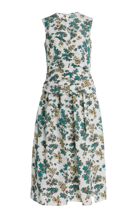 Ruched Floral-Print Cloque Midi Dress展示图