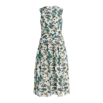 Ruched Floral-Print Cloque Midi Dress