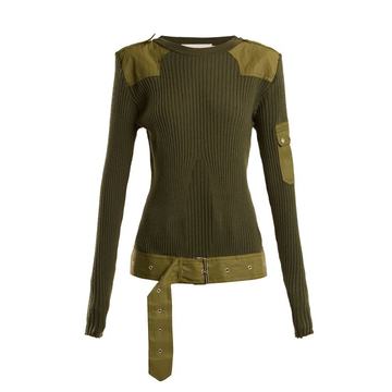 Belted ribbed-knit wool top