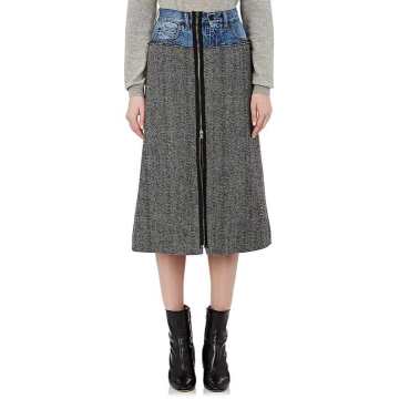 Denim-Inset Herringbone Wool Skirt