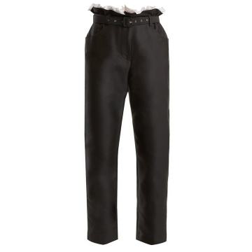 Gathered-waist cropped cotton-blend trousers