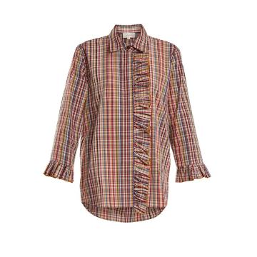 Ruffle-trimmed checked cotton shirt