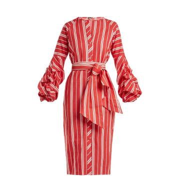 Striped balloon-sleeve linen dress
