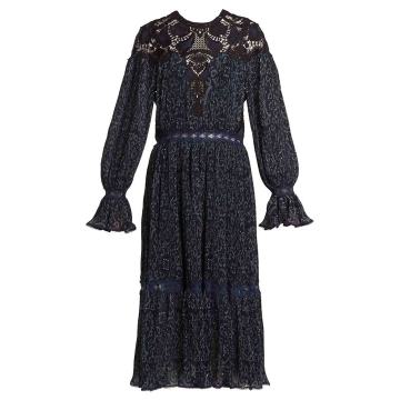 Lace-insert paisley-print pleated dress