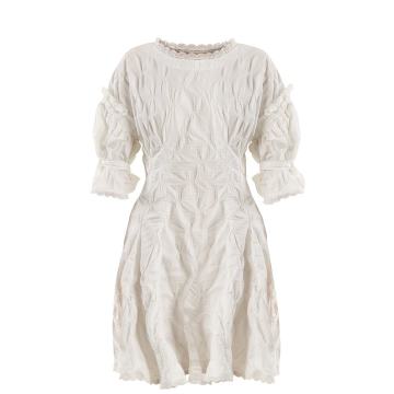 Lace-trimmed smocked gingham-jacquard dress