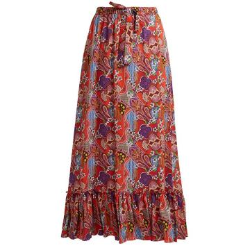 Abstract floral-print ruffle-trim cotton skirt