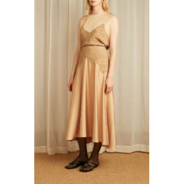 Lace-Appliqued Satin Midi Skirt