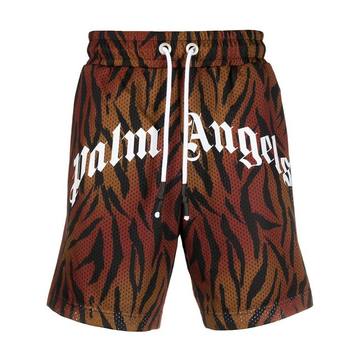 tiger-print mesh track shorts