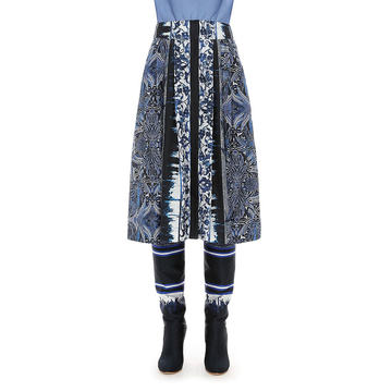 Azulejos Printed Silk Habotai A-Line Midi Skirt