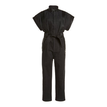 Belted Leather-Trimmed Denim Jumpsuit