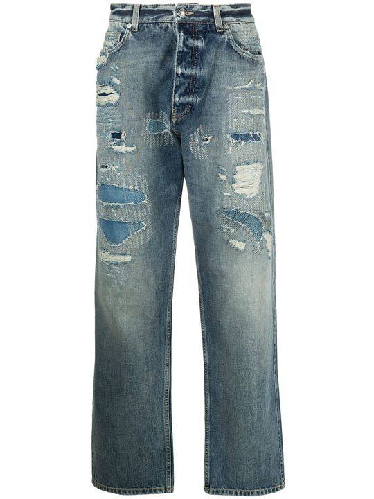 distressed stonewashed straight leg jeans展示图