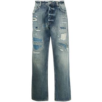 distressed stonewashed straight leg jeans