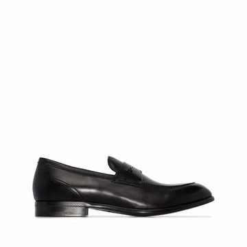 black leather penny loafers