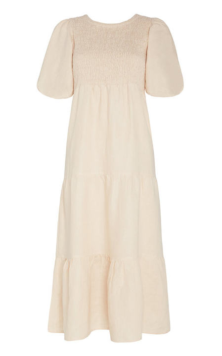 Alberte Cutout Smocked Linen Dress展示图