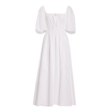Maurelle Puff-Sleeve Linen Midi Dress