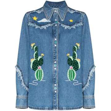 cactus embroidered fringe Western denim shirt