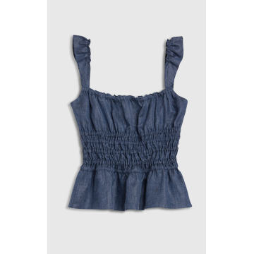 Silvia Ruched Linen-Blend Chambray Top