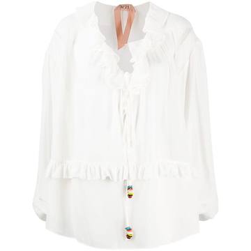 frilled collar beaded drawstring blouse