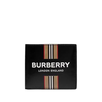 black Logo and Icon Stripe print International bifold leather wallet