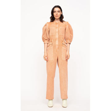 Hildur Puff-Sleeve Acid-Washed Cotton Jumpsuit