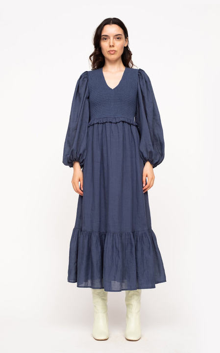 Hattie Smocked Cotton Ramie Midi Dress展示图