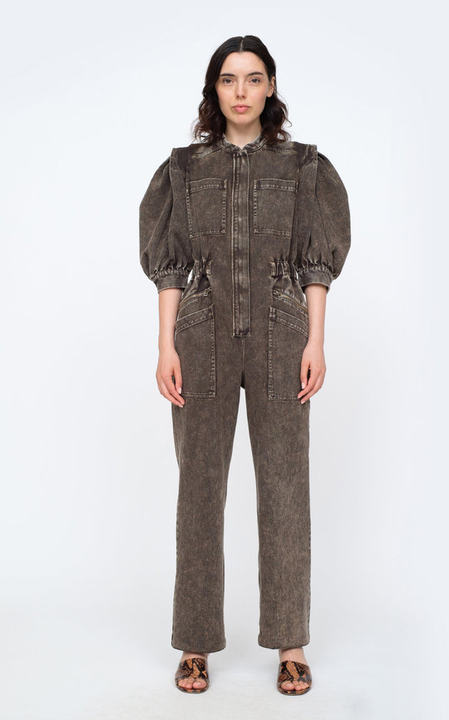 Hildur Puff-Sleeve Acid-Washed Cotton Jumpsuit展示图