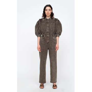 Hildur Puff-Sleeve Acid-Washed Cotton Jumpsuit