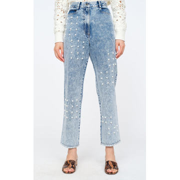 Betty Pearl-Embellished Acid-Washed Rigid High-Rise Straight-Leg Jeans