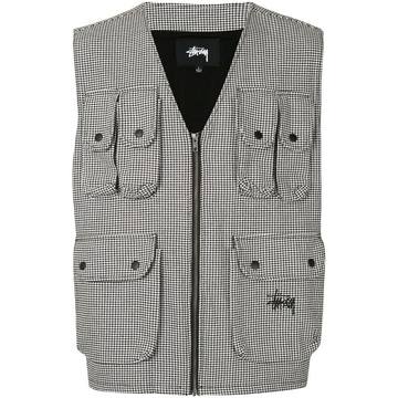 houndstooth patterned multi-pocket work vest