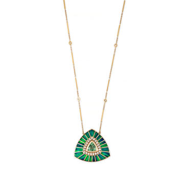 14K Yellow Gold Large Green Tourmaline and Opal Inlay Vortex Necklace