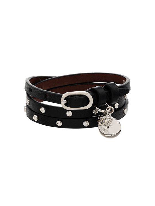 black double-wrap studded leather bracelet展示图