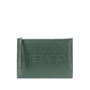 embossed logo calf leather clutch bag