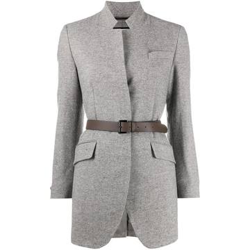 belted high-collar blazer