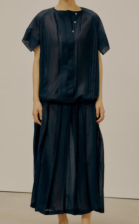 Pleated Voile Maxi Shirt Dress展示图