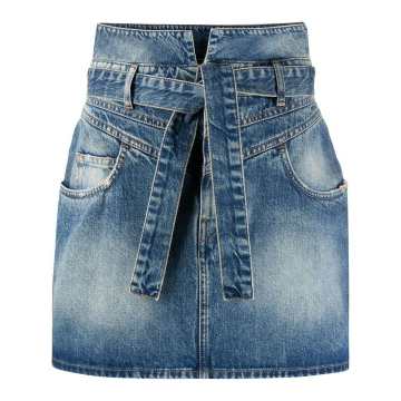 high-waist belted denim skirt